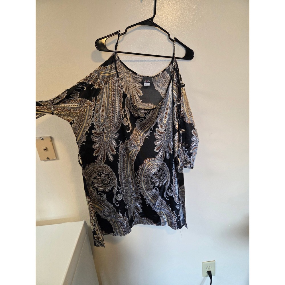 Dots Womens Plus 3X Cold Shoulder Paisley Print Tunic Top Black Gold Boho